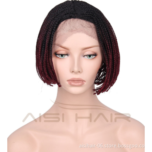 Synthetic Black Red Ombre Two Tone Color Lace Front Wigs Braid Box Hair Bob Style Wig Heat Resistant Glueless Lace Front Wig